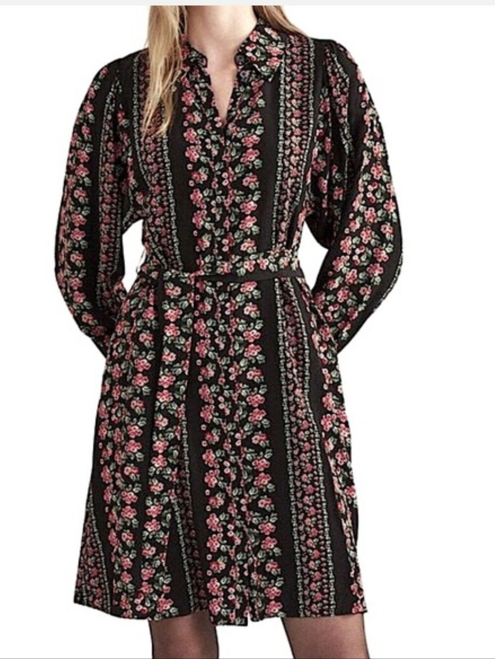 BODEN Floral Mini Shirt Dress with Pink Roses